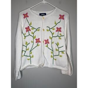 1990s Rey Wear Floral Flowers Coquette Cottage Hand Knit Thick Plush Cardigan S